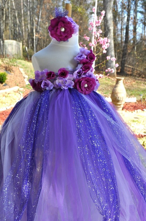 purple long tutu flower dress birthday party wedding