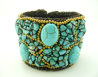 Turquoise and beads with wax cotton bangle