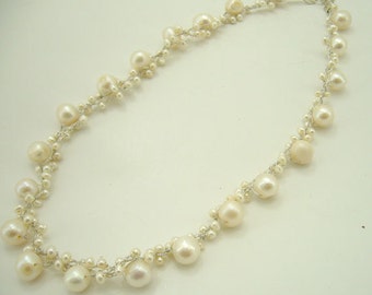 Wedding bridal, bridesmaid white freshwater pear knitting on silk thread necklace