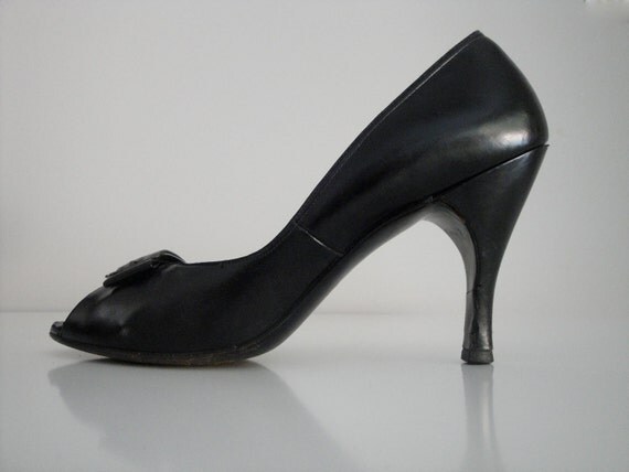 Vintage 1950s Black Shoes Sexy Secretary 50s Open Toe Stiletto