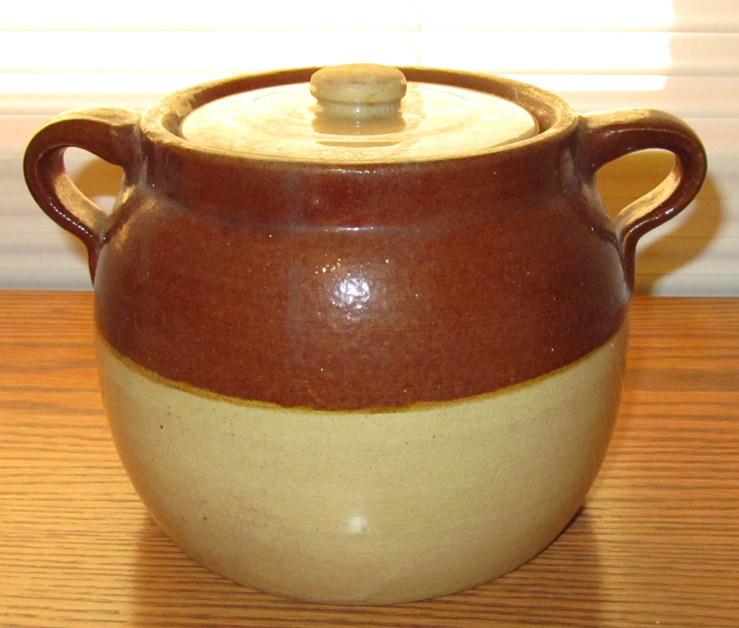 Vintage Bean Crock Brown and Tan