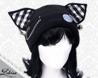Cat Kitty Fleece Hat Anime Cosplay Punk JRock (Checkered Ears)