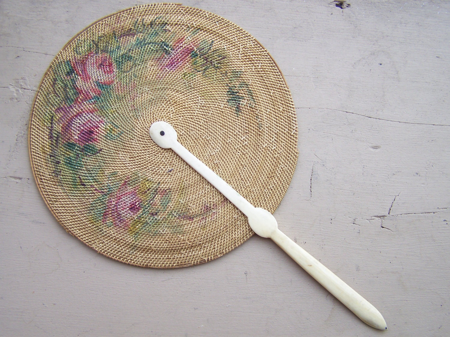 Vintage Rattan Hand Painted Rose Ladies Hand Held Fan