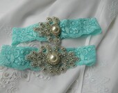 Tiffany Blue Stretch Lace Wedding Garter with pearl and rhinestone applique centering