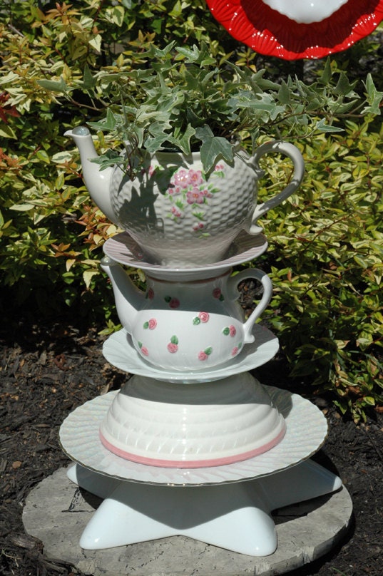 Yard Art Garden Totem Pink and White Teapots
