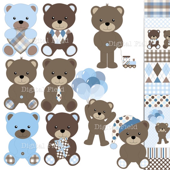 Download Baby Boy Teddy Bear Clip Art and Scrapbooking Paper Set blue