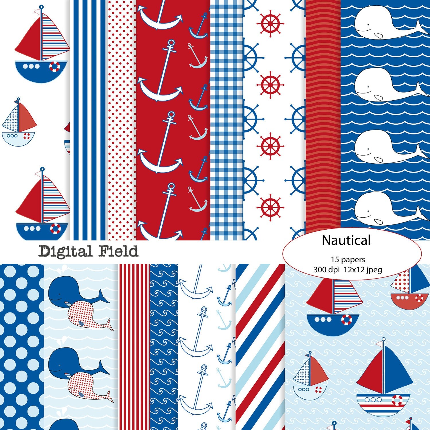 Nautical digital scrapbooking paper pack navy by digitalfield