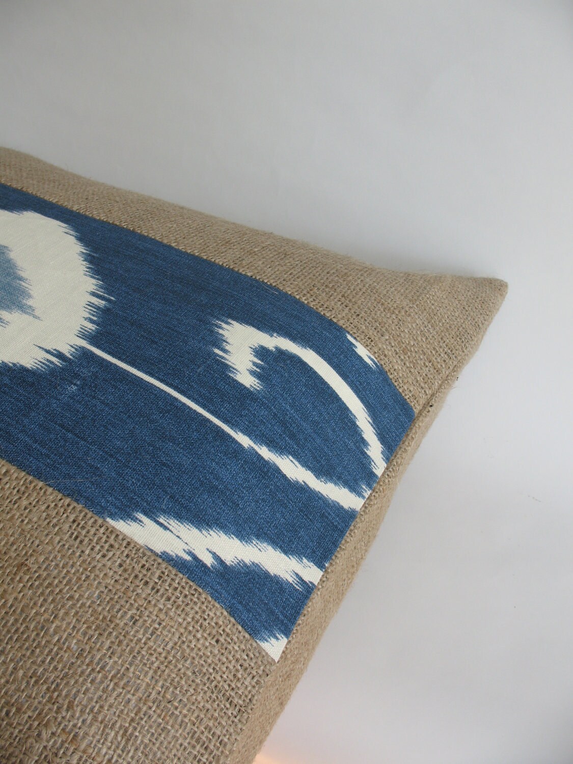 Blue Ikat Fabric and Burlap Pillow Cover