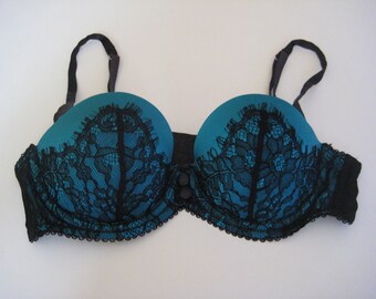 LIMITED STOCK Retro Pin Up Vintage Style Teal Satin Eyelash Lace Bra & G String Thong Set