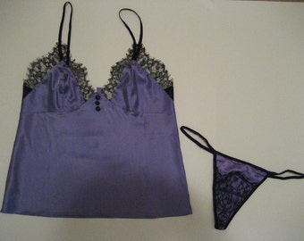 LIMITED STOCK Gorgeous Purple Satin & Lace Camisole Cami and Matching G String /Thong Panty