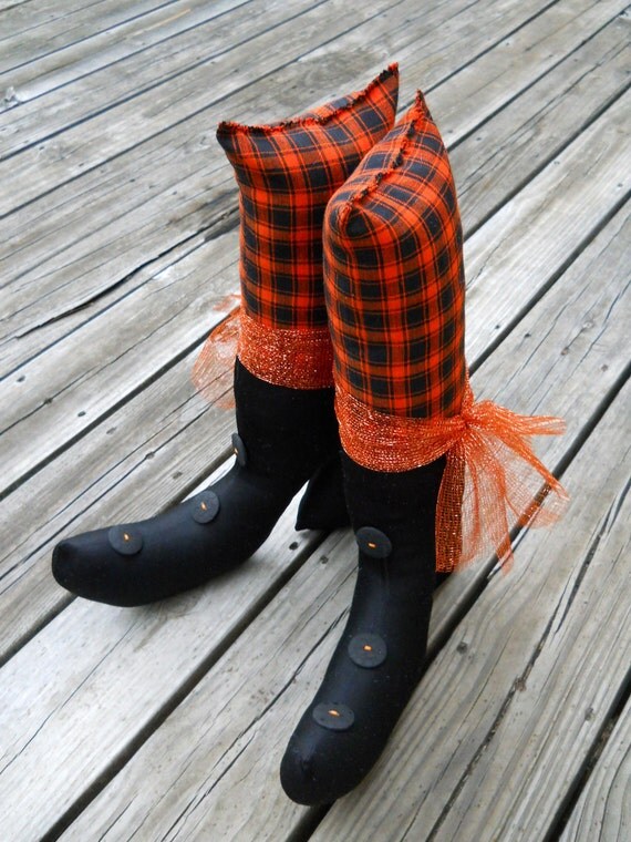 Halloween Witch Boots Orange Black Boots Shelf Sitter