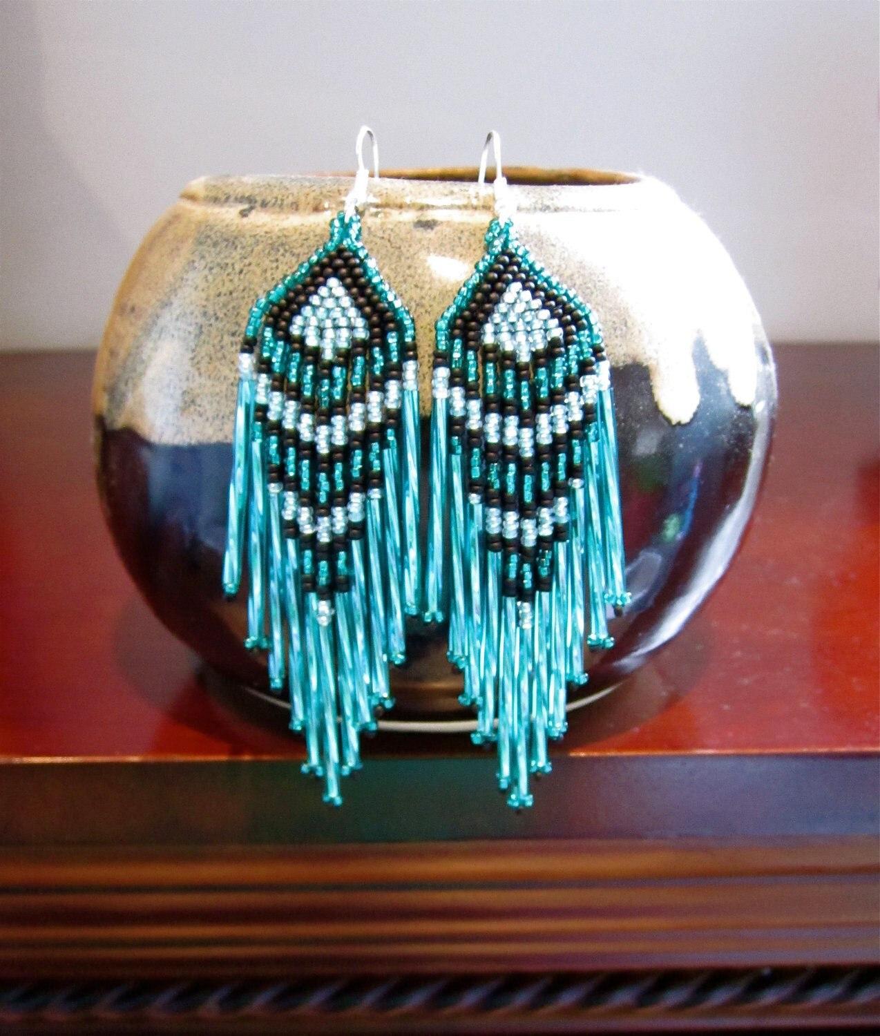 Native Seed bead Earrings Turquoise and Black