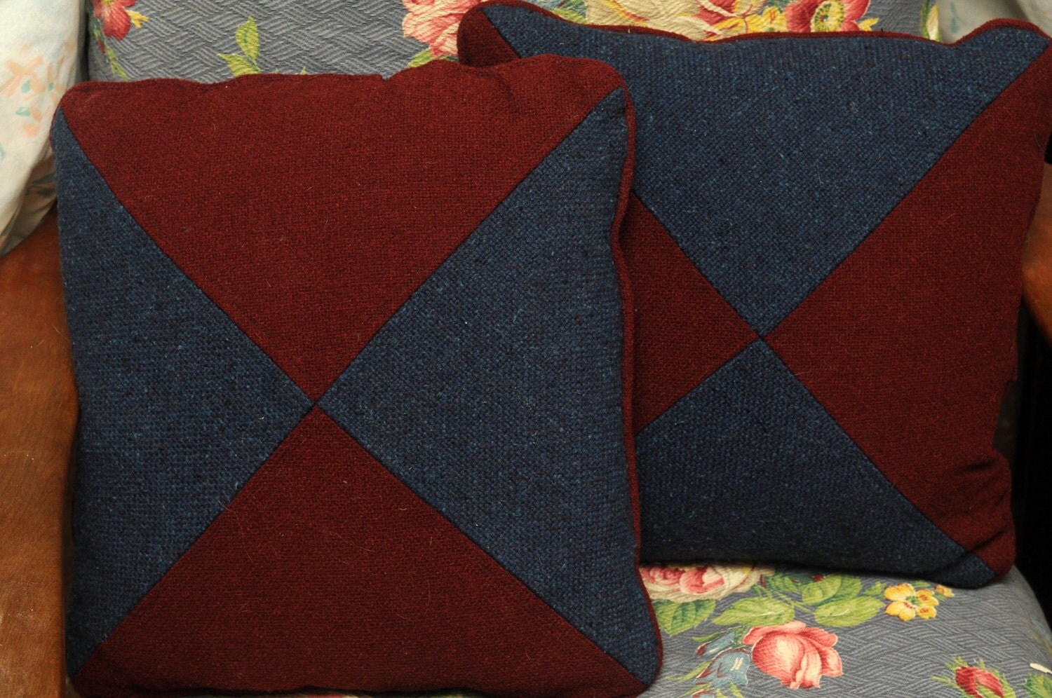 Vintage Wool Burgundy and Navy Throw Pillows