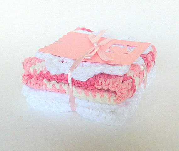 White Cotton Washcloths Set  Baby Pink Wash Cloths Infant Bath Dishcloth  Gift Tag Flower Face Scrubbie