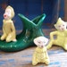 3 Charming Vintage Fantasy Pixie Elf Figurines, Planter, Flower Vase, Chartreuse, Lucky California Sprites, Treasure Craft Pottery 1940-1950