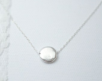 Silver disc necklace - flat circle lentil on sterling silver chain - modern simple jewlery