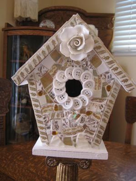 TREASURY ITEM Broken China Mosaics Bird House Vintage China