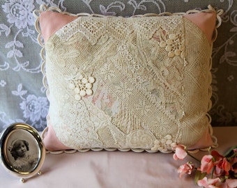 Vintage lace patchwork pillow pink&ivory by VintageBrocare on Etsy