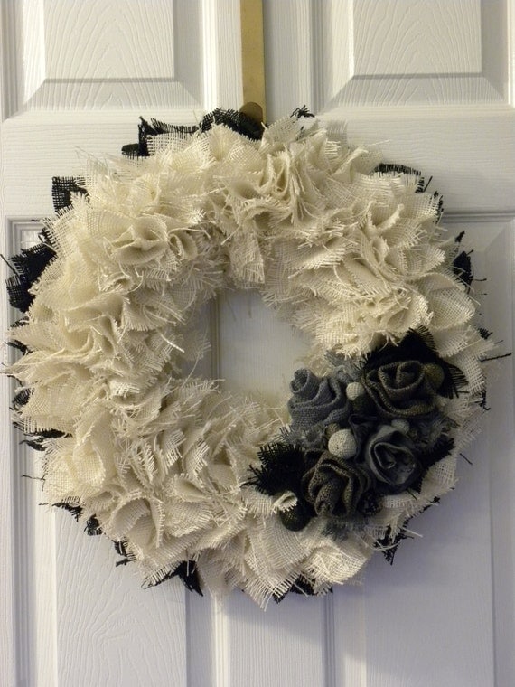 Blue Gray Black and Cream Burlap Wreath