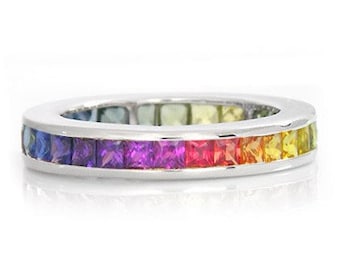 Multicolor Rainbow Sapphire Eternity Band Ring 14k White Gold (3ct tw) : sku R2045-14K-WG