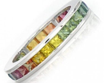 Multicolor Rainbow Sapphire Eternity Band Ring 18k White Gold (5ct tw) : sku R2043-18k-wg