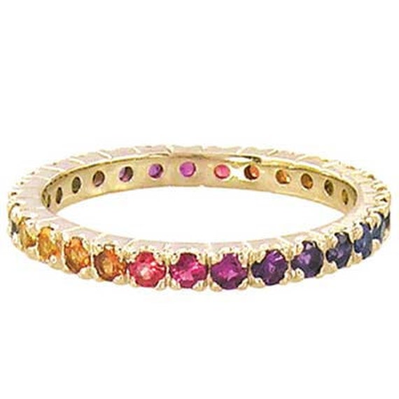 Multicolor Rainbow Sapphire Pave Set Eternity Ring 18K Yellow