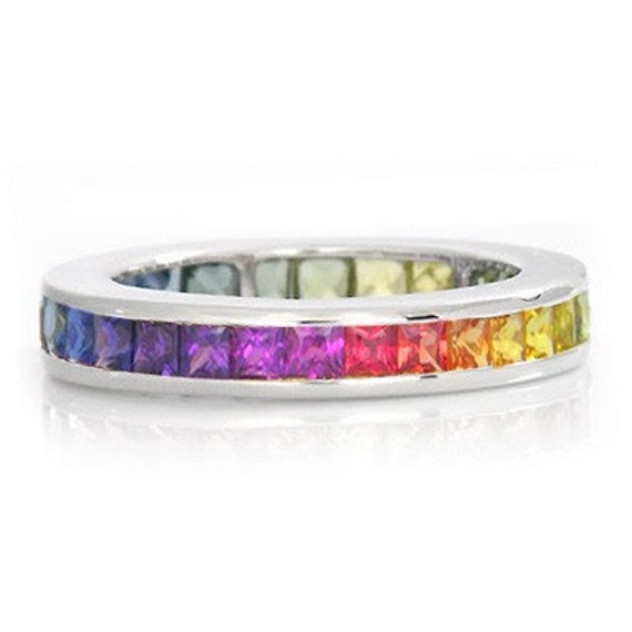 Multicolor Rainbow Sapphire Eternity Band Ring 14k White Gold
