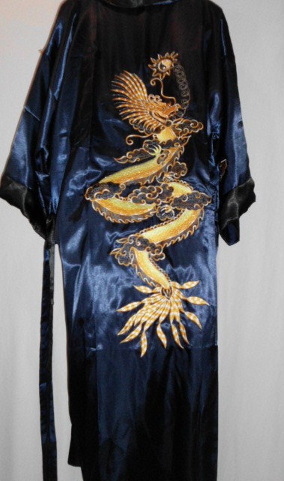 Chinese Men's Silk Satin Kimono Robe/Gown REVERSIBLE Blue