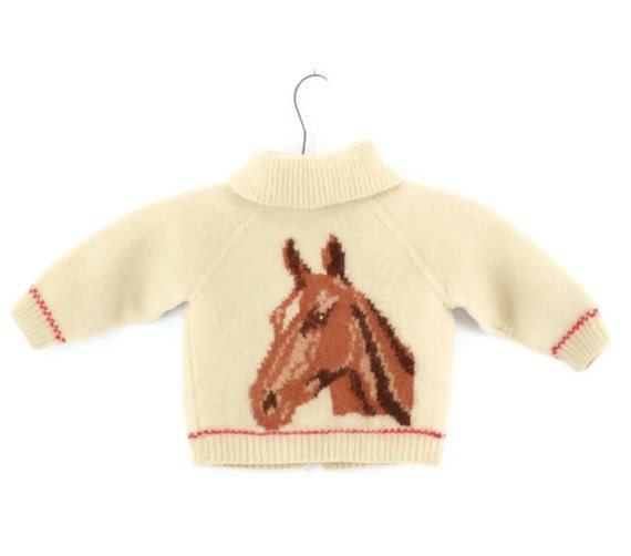 Vintage Hand Knit Wool Sweater with Horse and Horse Shoe 2T