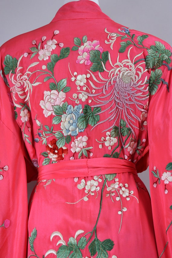 1930s Japanese Kimono Robe Hand Embroidered Flowers Silk Japan