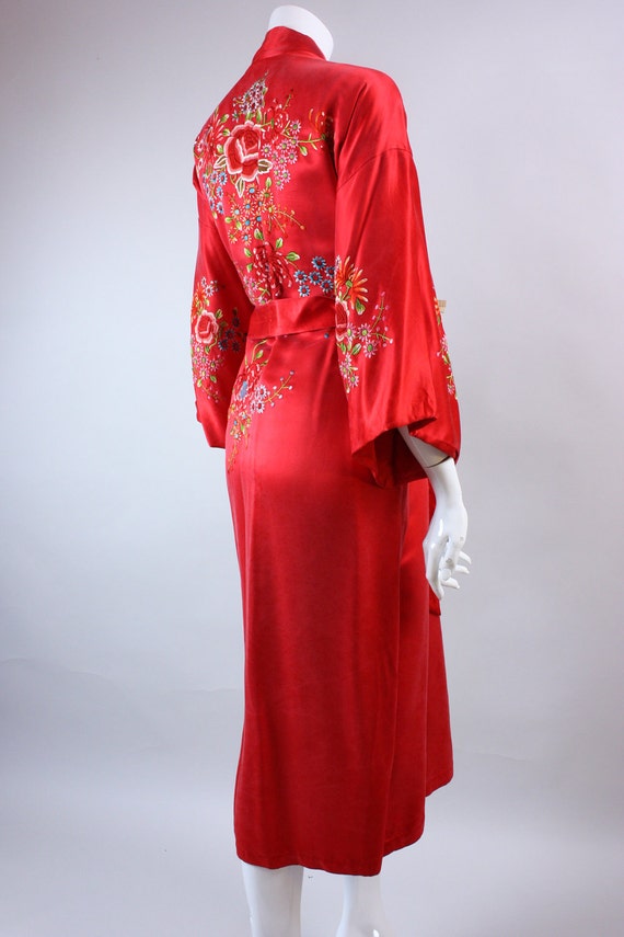 Vintage 60s CHINESE SILK ROBE Bright Red Hand-Embroidered