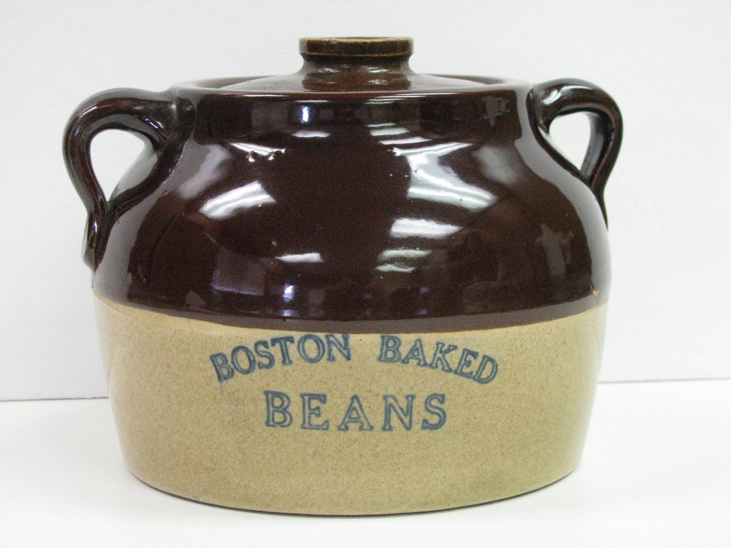 Large Vintage Boston Baked Beans Ceramic Pot Glazed 2Tone