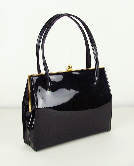 Black Patent 1960s Vintage Frame Handbag / Kelly Bag