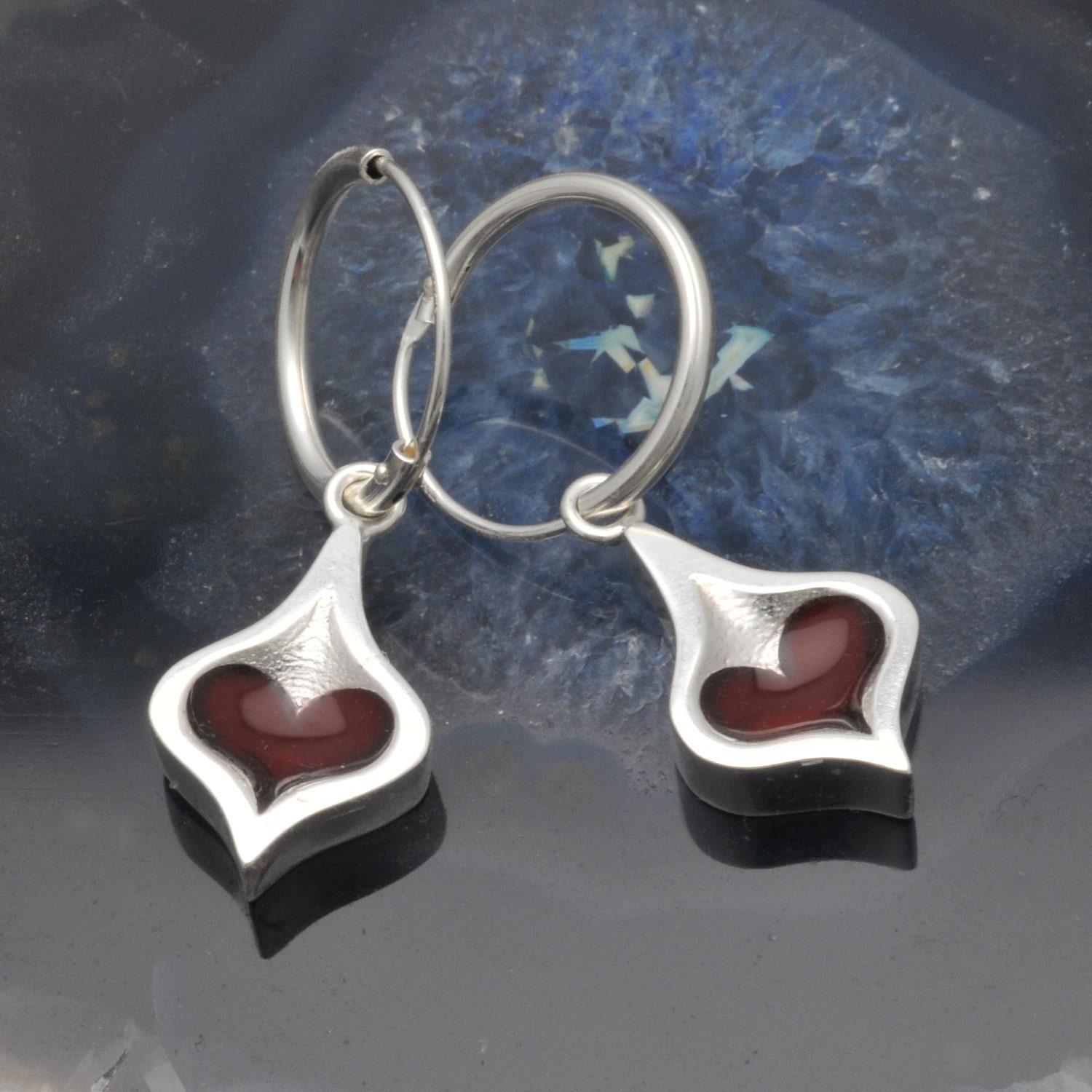 sterling silver & red resin heart drop earrings by Akinnas on Etsy