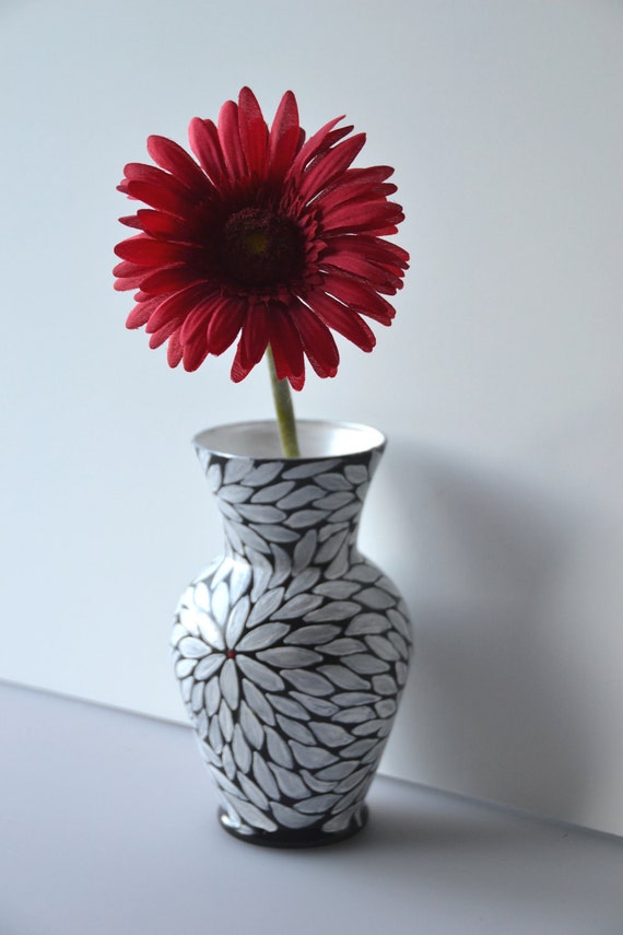 Black and white hand painted glass vase