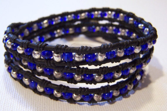 Items similar to Beaded Leather Wrap Bracelet - Silver & Blue Glass ...