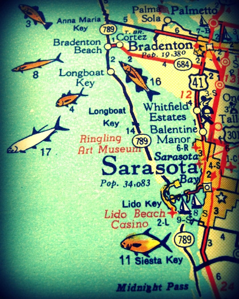  Sarasota  map  art Siesta Key map  art Vintage Florida  map  art