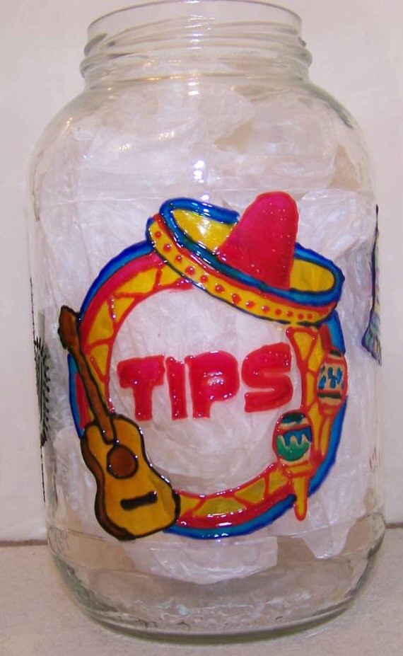 Hand Painted Glass Jar MEXICAN RESTAURANT themed TIP Jar