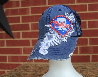 Philadelphia Philles Distressed Baseball Style Hat EXTRA Bling