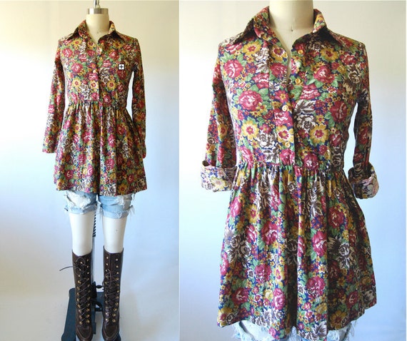 Floral Babydoll VINTAGE 70's tunic wide fly collar by hausofmirth