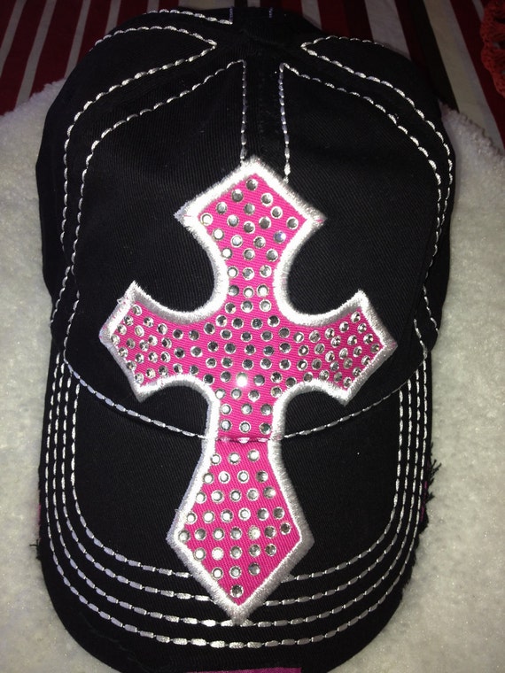 Items similar to Black Baseball Hat with Hot Pink BLING Cross on Etsy