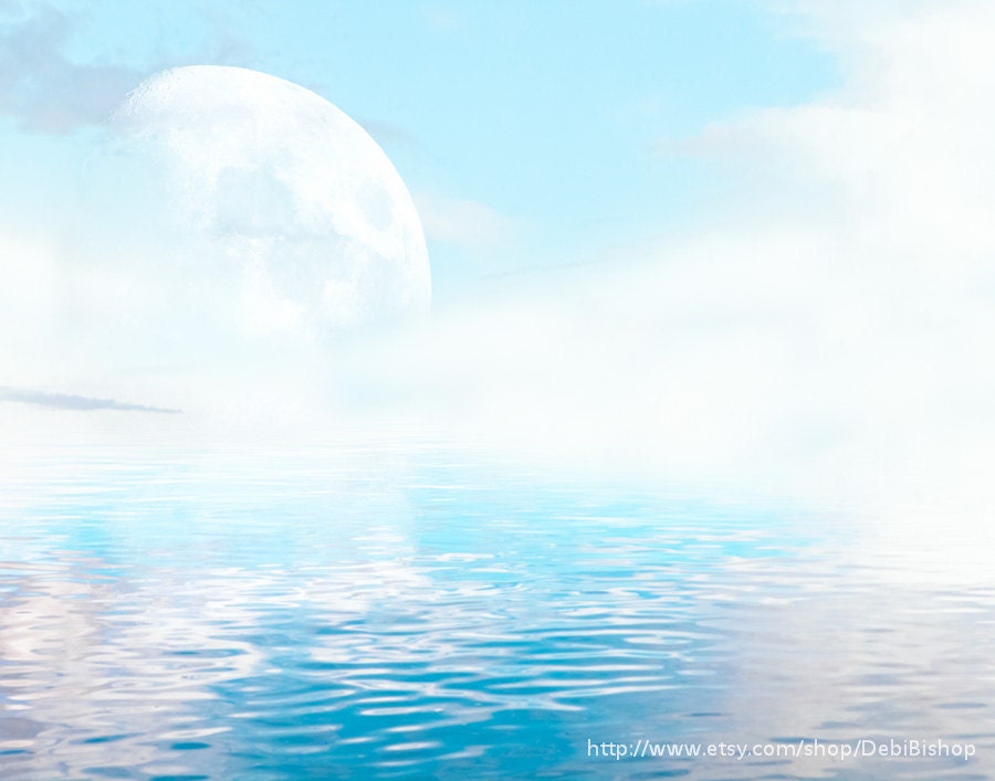 Full Moon Rise Over Sea of Water Sky Clouds Fantasy Nature