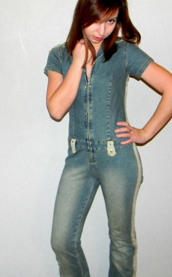 Sale 70s Denim Jumpsuit Bell bottom. Spring Fashion. Hipster.