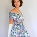 SALE White Summer Dress Floral Print Dress Off the shoulder dress. Floral Party Fashion. Mad Men. 80s Fashion. Blue White Pink Size Large