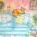 ORIGINAL WATERCOLOR PAINTING, tabby cat on couch, purple flowers and wingtips