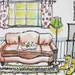 ORIGINAL WATERCOLOR PAINTING, calico cat sleeping on leather sofa, bookshelf and yellow rainboots
