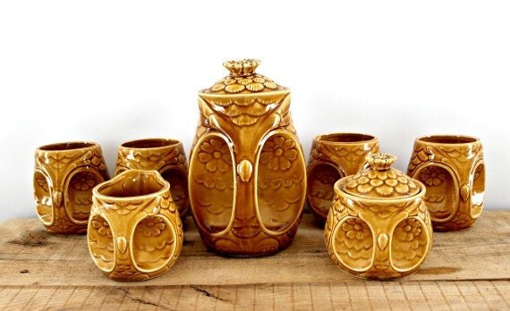 vintage owl tea  set  brown tan ceramic flower design  teapot 