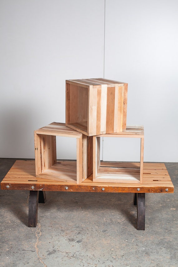Storage and display cubes reclaimed wood.