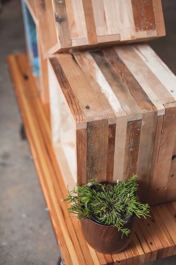 Storage and display cubes reclaimed wood.