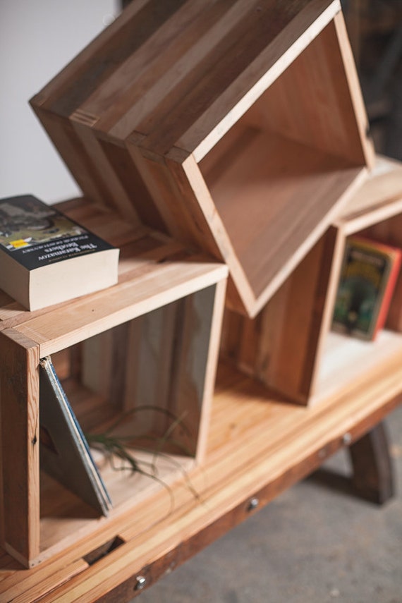 Storage and display cubes reclaimed wood.